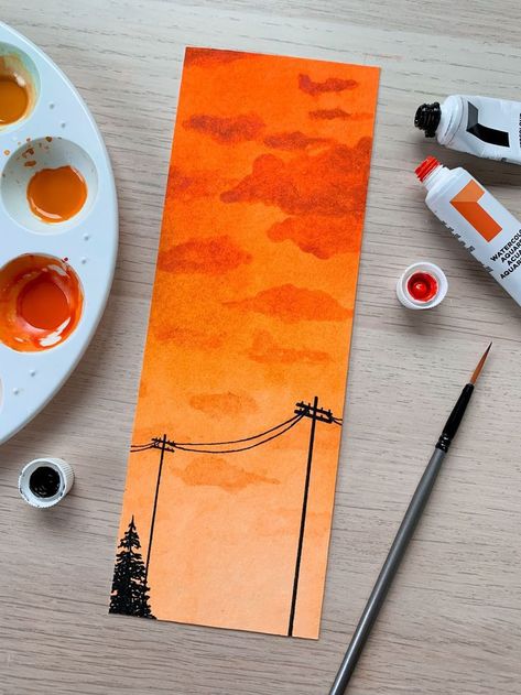 Homemade Bookmarks, Handmade Bookmarks Diy, Bookmark Ideas, Creative Bookmarks, Bookmark Craft, Orange Sunset, Watercolor Bookmarks, Diy Watercolor Painting, Art Drawings Sketches Pencil