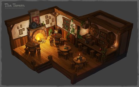 ArtStation - The Tavern, Gaëlle Mazeau--Triaut Tavern Themed Kitchen, Medieval Tavern Concept Art, Fantasy Tavern Concept Art, Fantasy Tavern Art, Tavern Concept Art, Fantasy Tavern Aesthetic, Tavern Furniture, Tavern Aesthetic, Tavern Design