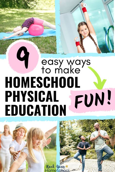 Easily make homeschool physical education fun with these 9 creative ideas. Your kids will have a blast with these activities & more. And don't be surprised when you want to jump in & have some fitness fun! Homeschool Physical Education, Fun For Kids At Home, Physical Education Lessons, Pe Lessons, Gymnastics Skills, Health And Physical Education, Physical Education Activities, Gymnastics Videos, Kids At Home