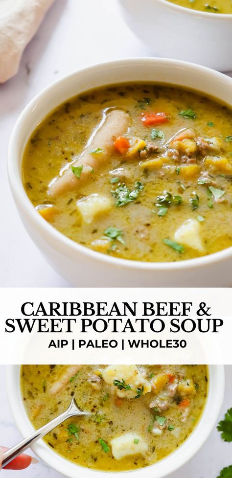 This delicious Caribbean Beef and Sweet Potato Soup will give you all of those warm, island vibes made with ground beef, creamy coconut milk, white sweet potatoes, fresh thyme and cilantro. It’s AIP, paleo and Whole30 compliant.This is the perfect Fall soup!#aiprecipes #paleorecipes #paleo #comfortfood #beefsoup #grainfree #soup #caribbean #fallsoup #aip #whole30dinner #whole30 #dumplings #caribbeansoup Aip Diet Recipes, Aip Paleo Recipes, Beef Soup Recipes, Paleo Soup, Soup With Ground Beef, Ground Beef Dishes, Ground Beef Recipes For Dinner, Aip Recipes, Sweet Potato Soup