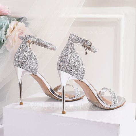 Women's Leatherette Sparkling Glitter Stiletto Heel Peep Toe Sandals With Sequin (047219334) - JJ's House Wedding Shoes Bride Heels Sparkle, Pretty Wedding Heels, Good Heels Prom, Sparkly High Heels Prom, White Glitter Heels, Wedding Manifestation, Wedding Heels Brides, Aesthetic Sandals, Quince Shoes