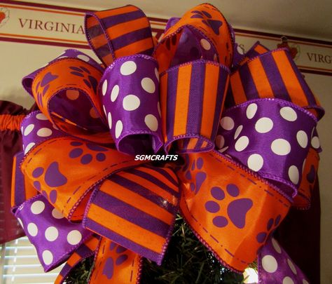 Clemson Decor, Tiger Paws, Purple Tiger, Tiger Decor, Christmas Tree Topper Bow, Sports Wreaths, Tiger Paw, College Colors, Tree Topper Bow