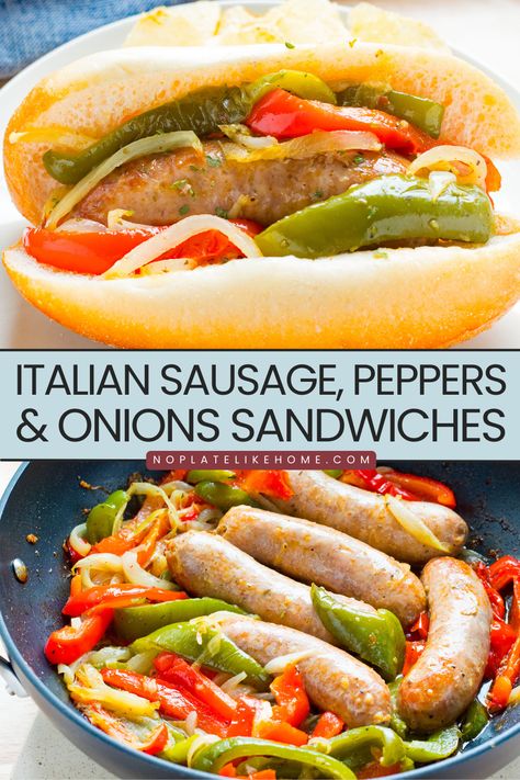 Italian Sausage Peppers and Onions Sandwiches are incredibly delicious and easy-to-make for a quick family dinner or lunch. It's an Italian-American classic the whole family will devour. Make it with sweet Italian sausage or hot sausage. Click on the link to get this super delicious recipe! Sausage And Pepper Sandwich, Italian Sausage Peppers And Onions, Hot Sausage Recipes, Sweet Italian Sausage Recipes, Sausage Sandwich Recipes, Amazing Sandwiches, Sausage And Peppers Sandwich, Italian Sausage Peppers, Onion Sandwich