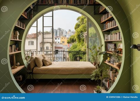 A round window with a view of the city and a cozy reading nook. The window is framed by a green wall and a daybed with pillows and a throw blanket. Bookshelves and a plant complete the AI generated Window View City, Daybed With Pillows, Skyline Apartment, Corner Loft, Plant Building, Apartment Lifestyle, Window With A View, Round Window, Reading Nooks