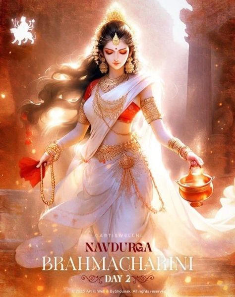 Maa Brahmacharini, Navratri Devi Images, Hindu Statues Goddesses, Goddess Aesthetic, Aadi Shakti, Durga Painting, Shakti Goddess, Indian Art Gallery, Hindu Statues