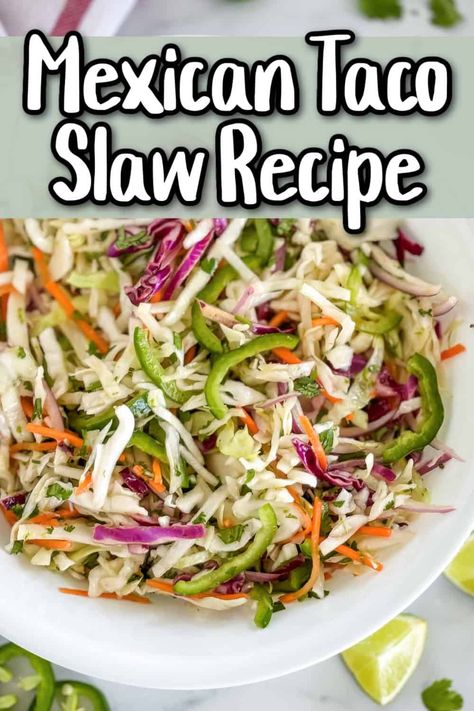 Fresh and zesty Mexican Taco Slaw, made with a tangy lime dressing, cilantro, purple onion, and jalapeño. Perfect for topping tacos or as a crunchy side dish. Easy to make and full of flavor! Birria Tacos Side Dishes, Mexican Slaw For Tacos, Mexican Slaw Recipe, Taco Slaw Recipe, Slaw For Tacos, Taco Slaw, Taco Night Recipes, Side Dish Easy, Mexican Slaw