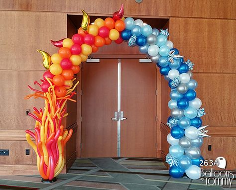 Fire And Water Party Theme, Flash Balloon Decor, Fire Balloon Decorations, Elemental Birthday Party, Pirate Balloon Arch, Fire Balloon Arch, Elemental Party Theme, Fire And Ice Balloon Arch, Fire And Ice Party Theme