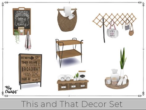 Sims 4 — This and That Decor Set by Chicklet — This set contains a little bit of this and some of that. Adding accent Sims 4 Home Decor, The Sims 4 Home, Kitchen Chalkboard Sign, Kitchen Tray Decor, Sims 2 Cc, Boho House Decor, Boho Sofa, Muebles Sims 4 Cc, Sims 4 House Building