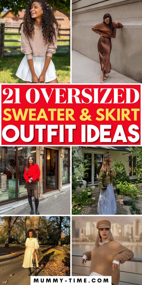 🧶💃 Cozy meets chic in our latest style guide featuring oversized sweater & skirt outfit ideas! Perfect for fall vibes or a trendy winter look. Discover how to pair soft knits with stylish skirts. 🍂👗 Don’t forget to save this pin to your Fashion Inspiration board! Chunky Sweater And Mini Skirt Outfit, Skirts In The Winter Outfits, Skirts With Oversized Sweaters, Sweater Skirt Outfit Winter, Sweater Skirt Outfit Fall, Oversized Sweater And Skirt Outfit, Skirt Sweater Outfit, Sweatshirt And Skirt Outfit, Skirt With Sweater