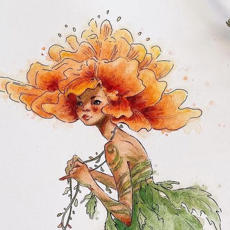 Kacey Lynn Brown on Instagram: "I couldn’t let October pass without sharing my Marigold again 🧡🌿✨ . . . See process and sketches for her on my Patreon 💛 Prints and stickers available on Etsy, all the links in my bio 🍂 . . . #fairy #flowerfae #faerie #faeriesofinstagram #fairytale #fairytales #faeriecore #faeriefolk #fairycore #botanicalart #fairiesofinstagram #fae #faefolk #illustratorsofinstagram #creaturedesign #fairyillustration #characterconcept #characterdesign #illustration #fantasyillu Fae Illustrations, Fairy Painting Aesthetic, Dp Kdrama, Faerie Drawing, Flower Fairy Drawing, Fairy Concept Art, Flower Fairy Art, Plant Fairy Drawing, Marigold Fairy