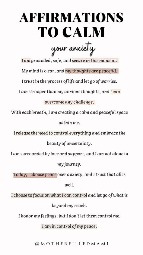 Daily positive affirmations to repeat to yourself when you are feeling anxiety. #dailypositiveaffirmations #dailyaffirmations #affirmations #positiveaffirmations #iamaffirmations #MoneyAffirmations #AbundanceMindset #WealthManifestation #FinancialFreedom #PositiveThinking Daily Affirmations Spiritual, Widgetsmith Affirmations, Daily Affirmations For Inner Peace, Mood Boosting Affirmations, Positive Affirmation Prompts, Self Love Daily Affirmations, Affirmation When Feeling Down, Affirmations For Uncertain Times, Affirmations For Being Sick