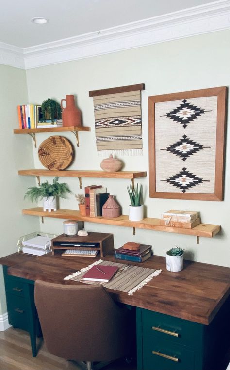 Boho Office Shelves, Desk On Wall With Shelves, Mini Home Office Ideas Small Spaces Living Room, Wall Shelves Over Desk, Home Office Inspiration Bohemian, Desk Wall Shelves, Shelves In Office Wall, Boho Office Room Ideas, Above Desk Shelves