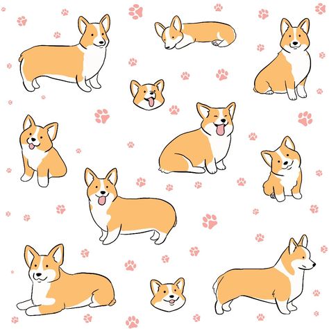 Cute corgi illustration pattern Corgi Doodle, Corgi Illustration, Chihuahua Drawing, Corgi Pattern, Cartoon Corgi, Corgi Drawing, Animation Ideas, Flash Sheet, Cute Corgi