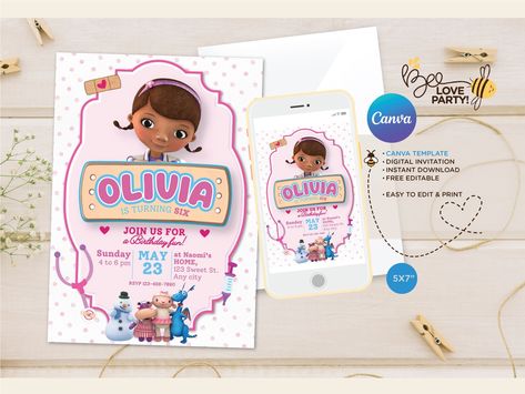 Doc Mcstuffins Party, Etsy Invitations, Doc Mcstuffins Birthday, Party Invitations Kids, Doc Mcstuffins, Birthday Invitation Template, Digital Invitation, Party Invite, Editable Invitations