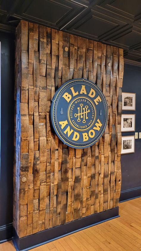 Bar Cladding Ideas, Bourbon Stave Wall, Whiskey Barrel Wall, Barrel Stave Wall, Whiskey Wall, Brewery Decor, Wine Barrel Wall, Bourbon Room, Brewery Bar