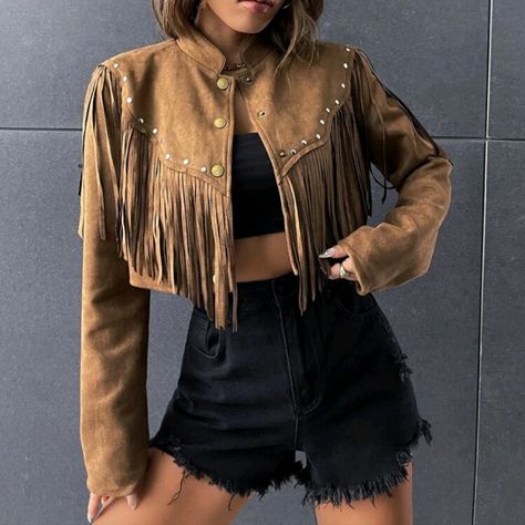 Studded Tassel Trim Faux Suede Crop Jacket 90% Polyester 10% Elastane Tassle Jacket Outfits, Cowboy Jacket Women, Baller Outfits, Acl Outfits, Fringe Jacket Outfit, Cowgirl Jacket, Leather Jacket With Fringe, Cowboy Coat, Ladies Leather Jacket