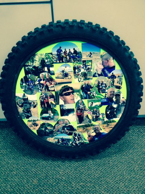 Dirt bike tire picture frame.  Birthday present for the hubby! Dirt Bike Graduation Cap, Diy Dirt Bike Party Decorations, Dirt Bike Centerpiece Ideas, Dirt Bike Bedroom Ideas, Dirt Bike Crafts, Dirt Bike Graduation Pictures, Dirt Bike Theme Party, Motocross Birthday Party Decorations, Dirt Bike Party Ideas