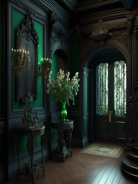 Slytherin Room, Gothic Interior, Fantasy Rooms, Wooden Bed Design, Dark Home Decor, Slytherin House, Bed Design Modern, Casa Vintage, Dark Home