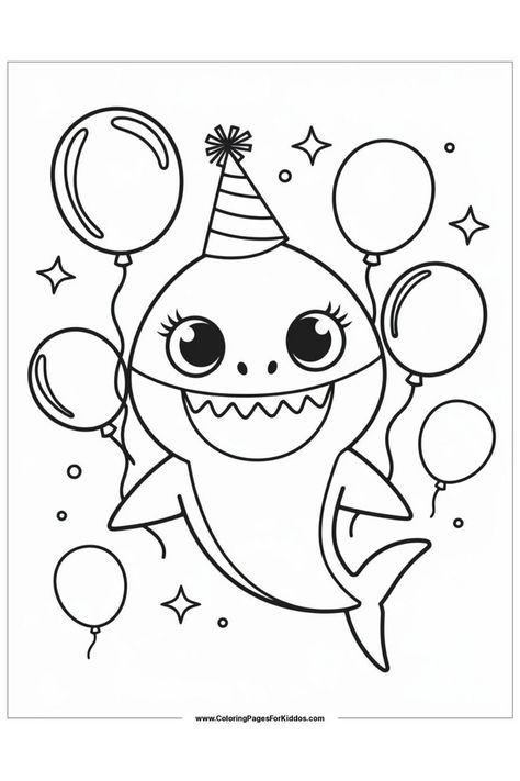 A Kawaii Shark celebrating a birthday with balloons and a party hat. Baby Shark Coloring Pages, Funny Coloring Pages, Kawaii Shark, Shark Drawing, Shark Coloring Pages, Printables For Kids, Shark Themed, Easy Coloring, Shark Week