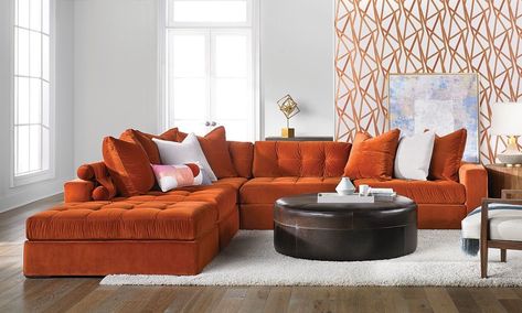 Add a pop of color to your living room with this casual sectional featuring tufted deep seating upholstered in rust orange velvet. Orange Furniture Living Room, Tufted Sectional Sofa, Velvet Sofa Living Room, Tufted Sectional, Orange Couch, Orange Furniture, Orange Sofa, Living Room Orange, Orange Velvet