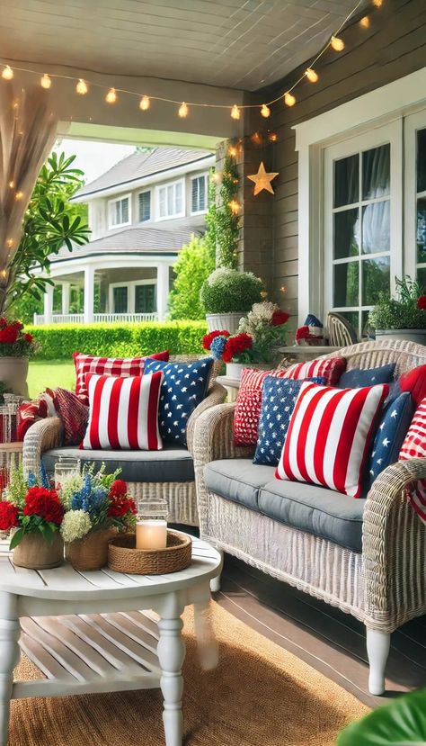 15 Stunning 4th of July Front Porch Decor Ideas You’ll Love 32 4th July Decor, 4th Of July Front Porch, Americana Porch, 4th Of July Front Porch Decor, Patriotic Classroom, Porch Parties, Front Porch Decor Ideas, Fourth Of July Decorations, 4th Of July Decor