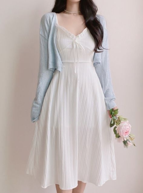 Blue Dress Inspo Casual, Net Dresses Design Ideas Western, Korean Casual Dresses, Cute Dress Korean Style, Aesthetic Korean Outfits Dress, Korean Dress For Women, Korean Style Dress Casual, Korean Dresses Aesthetic, Dresses With Cardigan Outfit