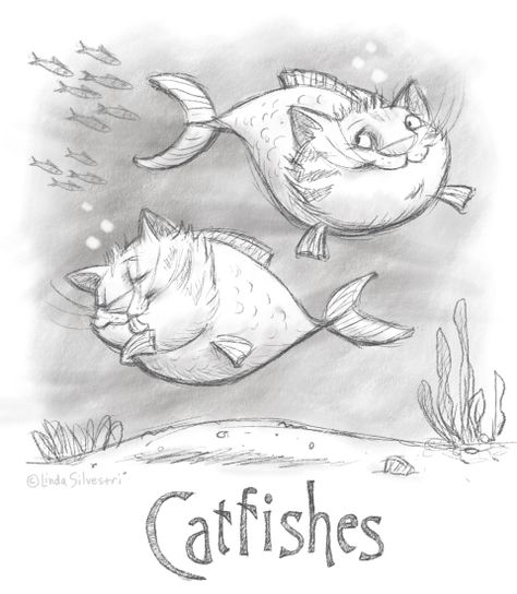 "Catfishes" by Linda Sylvestri Catfish Cartoon, Metamorphosis Art, Hybrid Art, Animal Quilts, Dragon Pictures, Easy Doodles Drawings, Weird Animals, Letter Art, Sketchbook Art Inspiration