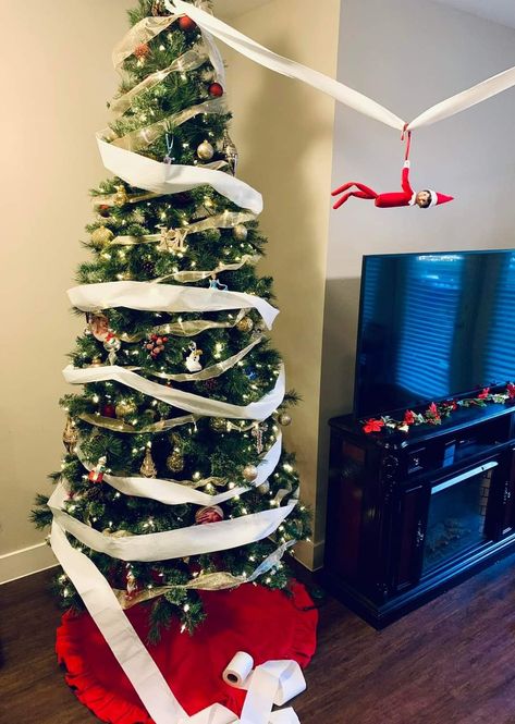 Christmas Tree Elf On The Shelf, Elf Christmas Tree Ideas, Elf Mischief, Elf Ideas Easy, Elf On Shelf, Elf Shelf, Elf Tree, Frosted Christmas Tree, Elf Christmas Tree