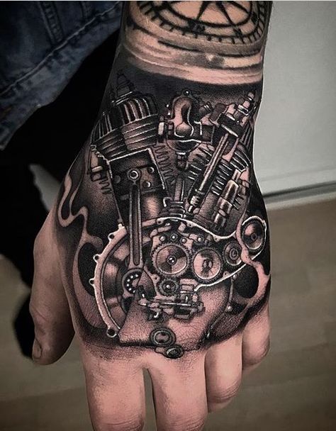 Mechanic Hand Tattoo, Harley Hand Tattoo, Biker Tattoos Designs, Fly Fishing Tattoo, Gear Tattoo, Unique Half Sleeve Tattoos, Motivational Tattoos, Ironhead Sportster, Tattoo Design For Hand