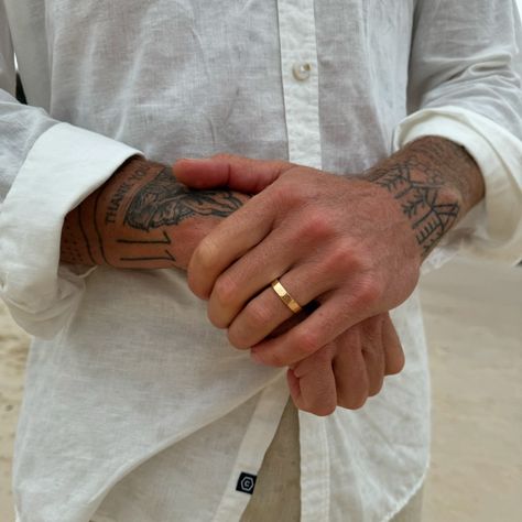 Classic, simple + durable 🤵🏽‍♂️🖤 — customise your ring to suit your lifestyle. Scott wears our Classic Square Men’s Wedding Band in 18k Yellow Gold. Wedding Ring Groom Gold, Simple Mens Wedding Bands, Groom Wedding Band Gold, Groom Wedding Band, Wedding Band Men, Men Wedding Band, Groom Ring, Simple Wedding Bands, Plain Gold Ring