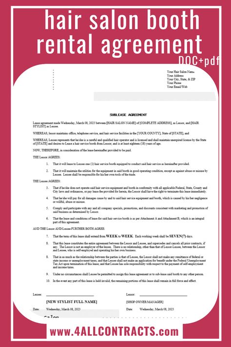 Example 1 of Hair salon booth rental agreement pdf[Salon Name] [Address] [City, State Zip] [Phone Number] [Email] [Website]Booth Rental AgreementThis agreement made on [Date] between [Salon Name], hereinafter referred to as "Salon," and [Stylist Name], hereinafter referred to as "Stylist," for the rental of a booth in Salon located at [Address], hereinafter referred to as "Premises."Terms and Conditions:Rental: Salon agrees to rent to Stylist a single booth for the purpose of providing hair Hair Salon Grand Opening Ideas Parties, Booth Rental Ideas Salon, Booth Rent Salon, Salon Booth Rental Agreement, Booth Rental Agreement, Salon Booth Rental, Esthetics Business, Hair Salon Stations, Beauty Shop Decor