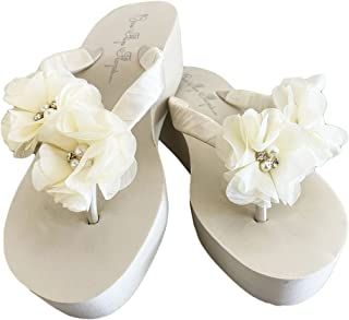 Amazon.com : ivory wedge shoes wedding Flip Flops Wedding, Polynesian Wedding, Bridal Wedges, Wedding Platform, Wedding Flip Flops, Wedge Wedding Shoes, Bow Flip Flops, Chiffon Flower, Satin Shoes