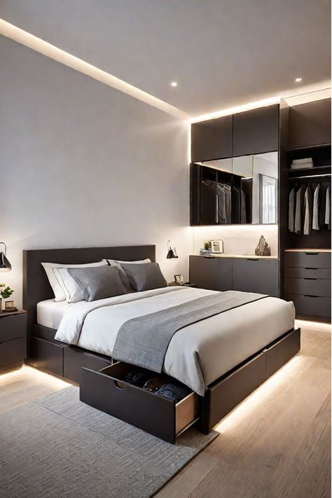 Luxury Bedroom With Sitting Area, Decluttered Bedroom, Modern Sleeping Room, Small Room Inspo Minimalist, Small Modern Bedroom, Bedroom Ideas Modern, Minimalist Ideas, Cozy Bedroom Design, Tidy House