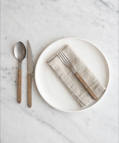 Minimal Flatlay, Fork And Knife, Knife And Fork, Solid Background, Cutlery Set, Ice Cream Scoop, Teak Wood, Wood Handle, Table Setting