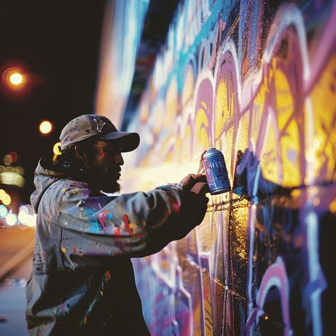 Graffiti Artist Working: An artist focuses intently while painting vibrant graffiti on a city wall at night. #artist #graffiti #street art #night #painting #aiart #aiphoto #stockcake ⬇️ Download and 📝 Prompt 👉 https://stockcake.com/i/graffiti-artist-working_567172_468406 Street Artist Aesthetic, Someone Doing Graffiti, Graffiti Pictures Photography, People Doing Graffiti Aesthetic, Graffiti Aesthetic, Project 2025, Graffiti On Buildings Street Art, Busy Street Painting, Graffiti Piece