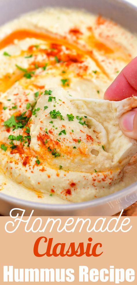 Classic Hummus is one of the most popular protein-packed cold appetizer dips. This chickpea dip is so easy, all you have to do it blend the ingredients until they’re smooth, and you have a crowd-pleasing homemade dip! Made with traditional ingredients like tahini and chickpeas, this hummus recipe is simple, yet irresistible. Classic Hummus Recipe, Chickpea Dip, Cold Appetizer, Classic Hummus, Healthy Dip, Plant Based Meal Planning, Homemade Dips, Tahini Paste, Healthy Eating Diets