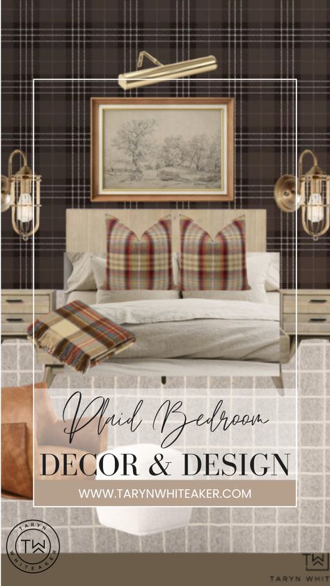 plaid, plaid bedroom, plaid decor, plaid home, home decor, home design, modern home, vintage style, plaid pattern, traditional plaid, neutral home, vintage bedroom, home inspo, design inspo Plaid Bedroom Decor, Plaid Bedroom, Ralph Lauren Bedroom, Home Design Modern, Rustic Cabins, Plaid Wallpaper, Leather Swivel Chair, Plaid Decor, Bedroom Essentials