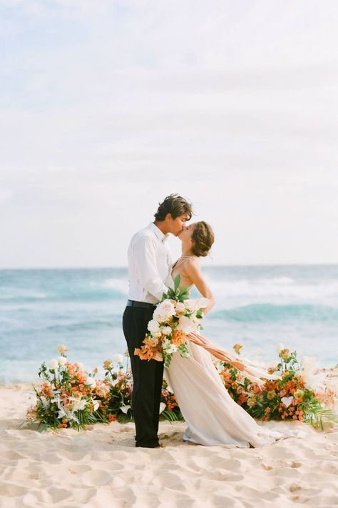 Bride And Groom Kiss, Small Beach Weddings, Beach Wedding Ceremony, Tropical Wedding Inspiration, Romantic Beach Wedding, Citrus Wedding, Kauai Wedding, Beach Wedding Flowers, Wedding Ceremony Photos