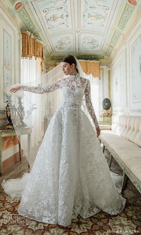 monique lhuillier spring 2025 bridal sheer long sleeve high neck semi sweetheart neckline embellished lace a line ball gown wedding dress chapel train (7) mv -- Monique Lhuillier Spring 2025 Wedding Dresses | Wedding Inspirasi  #wedding #weddings #bridal #weddingdress #weddingdresses #bride #fashion #label:MoniqueLhuillier #season:Spring/Summer #week:342024 #year:2025 ~ High Neck Lace Wedding Dress, Monique Lhuillier Wedding Dress, A Line Bridal Gowns, 2025 Wedding, Fairy Tale Wedding Dress, Wedding Dress Guide, Dream Day, Dress Guide, Wedding Gowns Lace