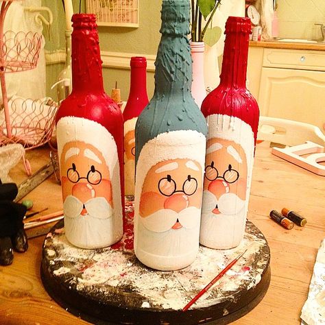 Hand Painting Ideas, Santa Wine Bottle, Bottles Craft, Wine Bottle Crafts Christmas, Craft Hobbies, Santa Klaus, Hand Painted Wine Bottles, Angel Candle, Angel Candle Holder