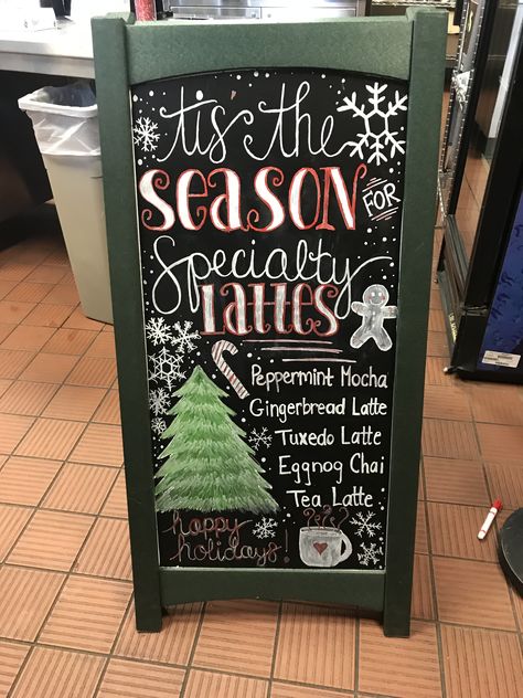 A chalkboard sign I did for work Holiday Coffee Shop Signs, Christmas Cafe Signs, Christmas Coffee Shop Sign, Starbucks Chalkboard Art Christmas, Christmas Coffee Chalkboard Art, Christmas Sandwich Board, Christmas Coffee Shop Decorations, Starbucks Christmas Chalkboard, Starbucks Holiday Chalkboard