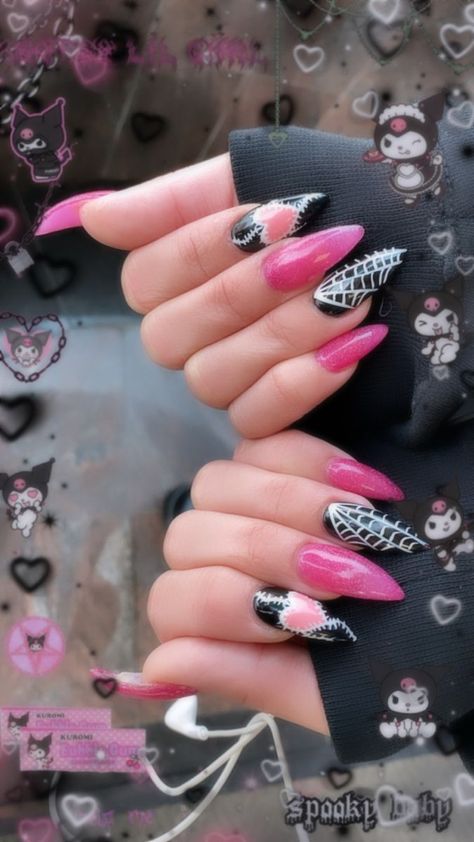 Pastel Goth Nails, Pink And Black Nails, Art Designs Ideas, Gothic Nails, Anime Nails, Edgy Nails, Goth Nails, Grunge Nails, Cute Acrylic Nail Designs