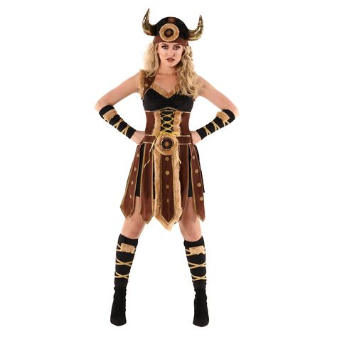 PRICES MAY VARY. Viking costume for women includes faux fur & gold trimmed dress, horned viking hat and gold-detailed arm & leg ties Our viking costume woman is made to be breathable, soft and comfortable for all body types. Our costumes are designed to last more than one wear, so you can rock the look another time! Womens viking warrior costume is available in sizes Medium 8-10 , Large 12-14, X-Large 16-18. Please refer to the size chart, in the product images, for further size details Founded Women Viking Warrior, Womens Viking Costume, Warrior Costume Women, Viking Costume Women, Female Warrior Costume, Viking Warrior Costume, Viking Costumes, Viking Outfit, Barbarian Costume