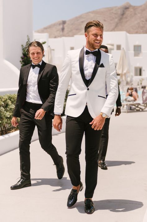 Modern Black Tuxedo Wedding, Black And White Mens Tuxedo, Man White Suit Wedding, Grooms White And Black Suit, Men’s Tux For Wedding, White Suit Groom & Groomsmen Suits, Men Tux Wedding, Men Suit For Wedding Groom, White Tux Top Black Pants Men