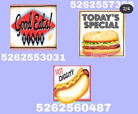 Not mine ✨ Bloxburg Hot Dog Stand Decal, Bloxburg Burger Decals, Retro Dinner Decals Bloxburg, Bloxburg Retro Diner Decals, Roblox Diner Decals, Bloxburg Retro Diner Decal Codes, Bloxburg Retro Diner, Bloxburg Diner Ideas, Bloxburg Pizza Shop Decals