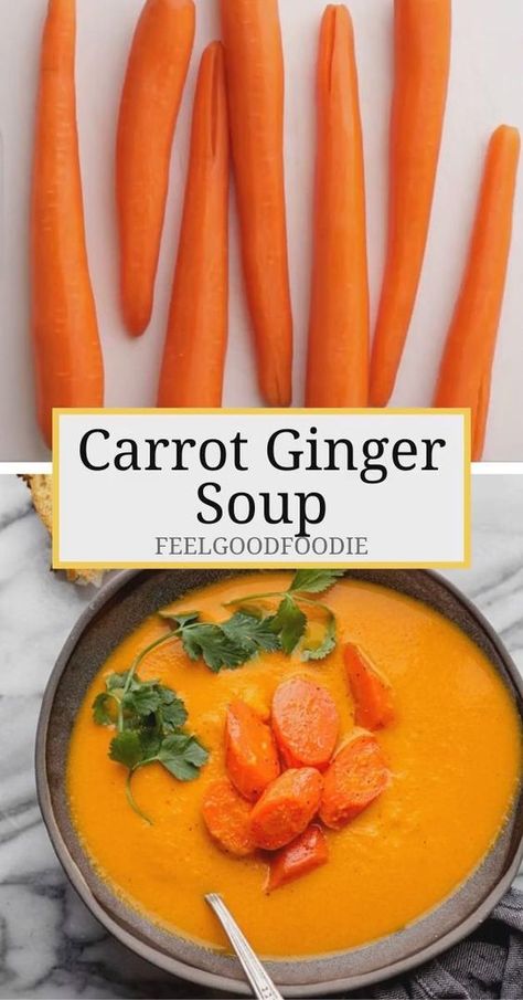 This vibrant and creamy vegan Carrot Ginger Soup is made with roasted carrots and coconut milk. It comes together quickly and easily and is perfectly spice Chicken Carrot Soup, Carrots Soup Recipes, Ginger Food Recipes, Carrot Soup Recipes Easy, Best Soup Recipes Ever, Carrots Soup, Ginger Carrot Soup, Carrot And Ginger Soup, Soup Carrot