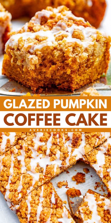 Look forward to this simple pumpkin dessert! Rich with a buttery streusel topping, this Glazed Pumpkin Coffee Cake is so good. You'll want this simple Thanksgiving dessert for breakfast! Save this pumpkin cake recipe and enjoy easy fall baking! Pumpkin Streusel Coffee Cake, Salty Sweet Desserts, Pumpkin Coffee Cake Recipes, Pumpkin Coffee Cake, Pumpkin Streusel, Crumb Coffee Cakes, Dessert Breads, Streusel Coffee Cake, Moist Pumpkin Bread