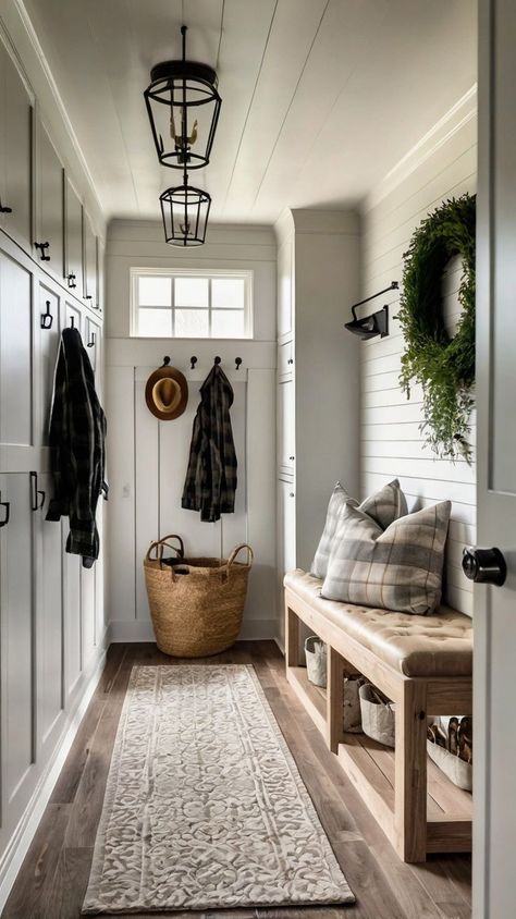 Elevate your entryway with modern farmhouse mudroom decor. Discover luxurious designs with light tones, chic storage solutions, and elegant details to create a welcoming space. Farmhouse Mudroom Decor, Modern Farmhouse Mudroom, Farmhouse Mudroom, Mudroom Decor, Laundry Room Ideas, Modern Farmhouse, Laundry Room, Storage Solutions, Wellness Design