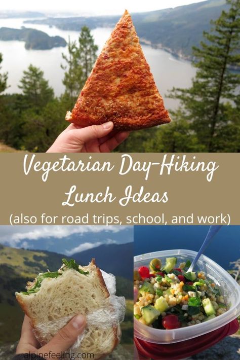 Excellent ideas you can take in your pack for a day-hiking meal (or a travel/school/work meal). Make at home or grab-n-go options. No camp stove required. Road Trip Meals, Hiking Lunch, Vegetarian Camping Recipes, Vegetarian Camping, Fancy Lunches, Vegetarian Day, Camping Lunches, Camping Snacks, Hiking Snacks