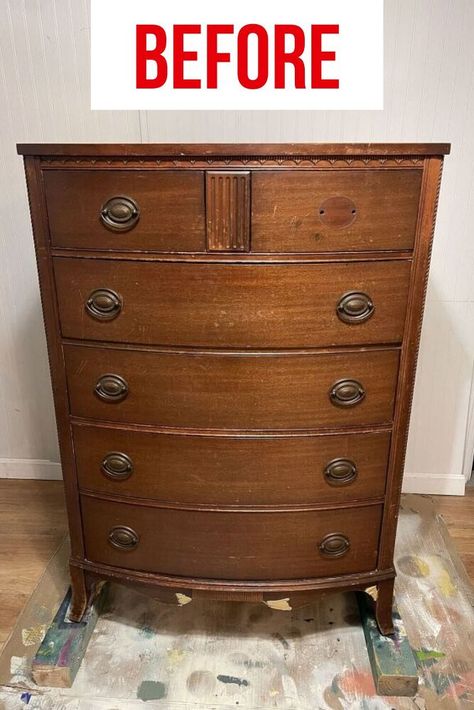 We love this beautiful and creative dresser upcycle idea. Check out the before and after dresser makeover furniture flip. #dressermakeover #dresserbeforeafter Refinish Chest Of Drawers, Bow Front Dresser Makeover, Painted Dressers Before And After, Painting Chest Of Drawers Ideas, Victorian Dresser Makeover, Dresser Flips Before After, Chest Of Drawers Makeover Diy, Tall Dresser Makeover, Dresser Makeover Ideas